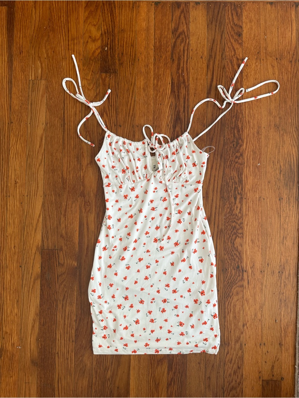 White Mini Dress with Red Floral Print and Tie Straps